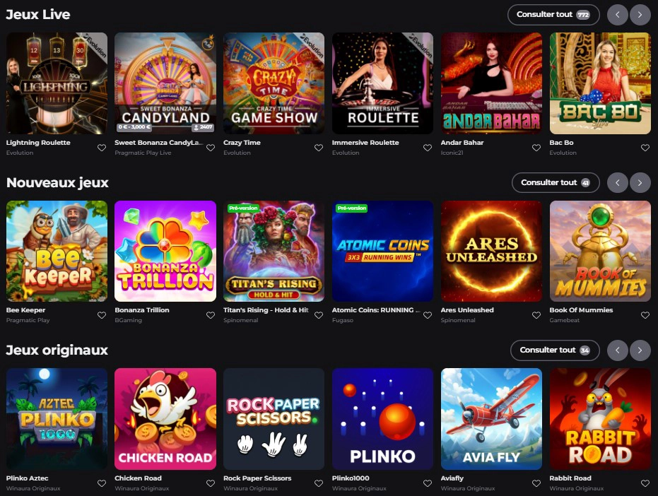 Collection complète de toutes les machines à sous chez Winaura